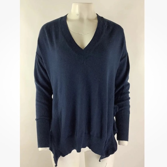 Anthropologie Sz XS Ruffle Trim V Neck Sweater Blue Cotton Wool Pullover - Picture 1 of 6